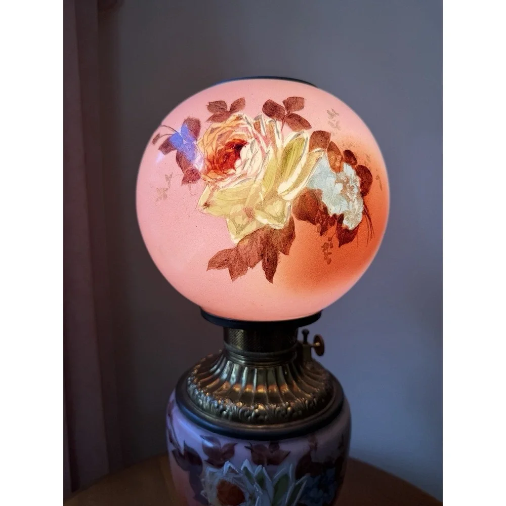 Antique GONE WITH THE WIND Lamp Electrified Oil Lamp Painted ROSES 24